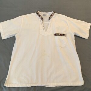 Adis Shirt Mens‎ XL White Embroidered Band Collar Short Sleeve Beach Wear Cotton